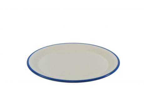 Round Plate - 200mm, Vintage Cream with Blue Rim from Jab. Unbreakable, made out of Melamine and sold in boxes of 6. Hospitality quality at wholesale price with The Flying Fork!