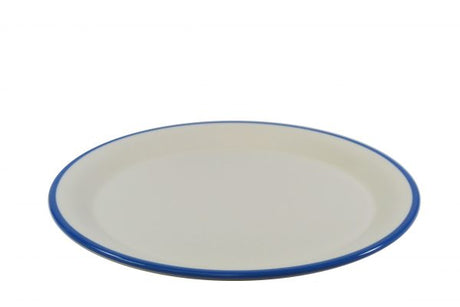 Round Plate - 255mm, Vintage Cream with Blue Rim from Jab. Unbreakable, made out of Melamine and sold in boxes of 6. Hospitality quality at wholesale price with The Flying Fork!