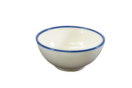 Round Bowl - 125x60mm, Vintage Cream with Blue Rim from Jab. Unbreakable, made out of Melamine and sold in boxes of 6. Hospitality quality at wholesale price with The Flying Fork!