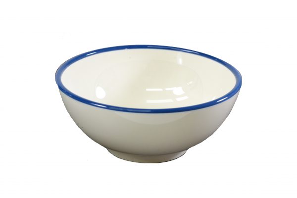 Round Bowl - 150x70mm, Vintage Cream with Blue Rim from Jab. Unbreakable, made out of Melamine and sold in boxes of 6. Hospitality quality at wholesale price with The Flying Fork!