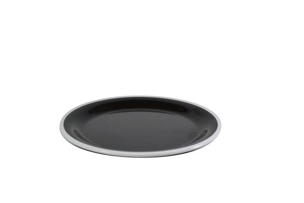 Round Plate - 200mm, Vintage Black with White Rim from Jab. Unbreakable, made out of Melamine and sold in boxes of 6. Hospitality quality at wholesale price with The Flying Fork!