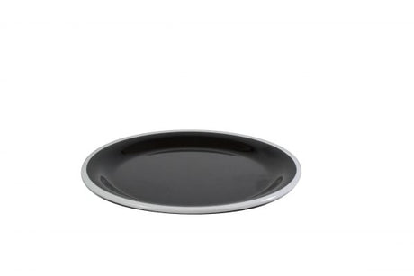 Round Plate - 200mm, Vintage Black with White Rim from Jab. Unbreakable, made out of Melamine and sold in boxes of 6. Hospitality quality at wholesale price with The Flying Fork!