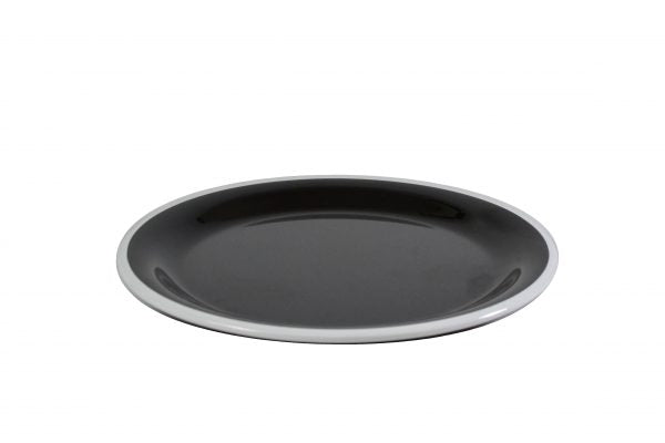 Round Plate - 255mm, Vintage Black with White Rim from Jab. Unbreakable, made out of Melamine and sold in boxes of 6. Hospitality quality at wholesale price with The Flying Fork!