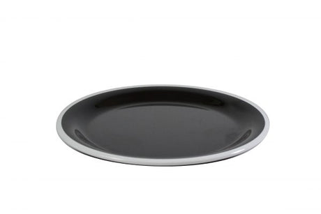 Round Plate - 255mm, Vintage Black with White Rim from Jab. Unbreakable, made out of Melamine and sold in boxes of 6. Hospitality quality at wholesale price with The Flying Fork!
