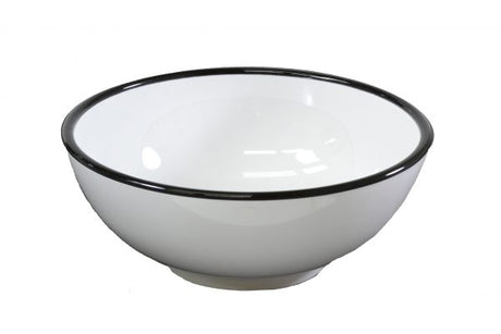 Round Bowl - 150x70mm, Vintage White with Black Rim from Jab. Unbreakable, made out of Melamine and sold in boxes of 6. Hospitality quality at wholesale price with The Flying Fork!