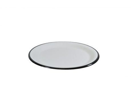 Round Plate - 200mm, Vintage White with Black Rim from Jab. Unbreakable, made out of Melamine and sold in boxes of 6. Hospitality quality at wholesale price with The Flying Fork!
