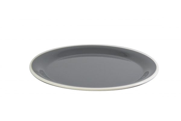 Round Plate - 200mm, Vintage Grey with White Rim from Jab. Unbreakable, made out of Melamine and sold in boxes of 6. Hospitality quality at wholesale price with The Flying Fork!