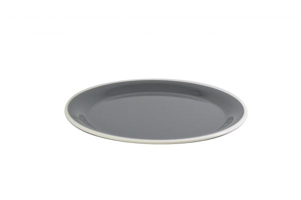 Round Plate - 255mm, Vintage Grey with White Rim from Jab. Unbreakable, made out of Melamine and sold in boxes of 6. Hospitality quality at wholesale price with The Flying Fork!
