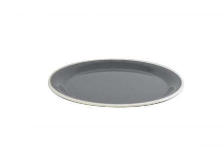 Round Plate - 255mm, Vintage Grey with White Rim from Jab. Unbreakable, made out of Melamine and sold in boxes of 6. Hospitality quality at wholesale price with The Flying Fork!