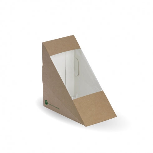 Sandwich wedge box with window - 123 x 72 x79mm - Box of 500 from BioPak. Compostable, made out of FSC�� certified paper and sold in boxes of 1. Hospitality quality at wholesale price with The Flying Fork!
