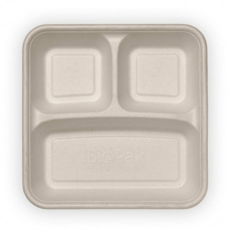3 compartment take away container - 560-240-240ml, natural, box of 300 from BioPak. Compostable, made out of Sugarcane and sold in boxes of 1. Hospitality quality at wholesale price with The Flying Fork!