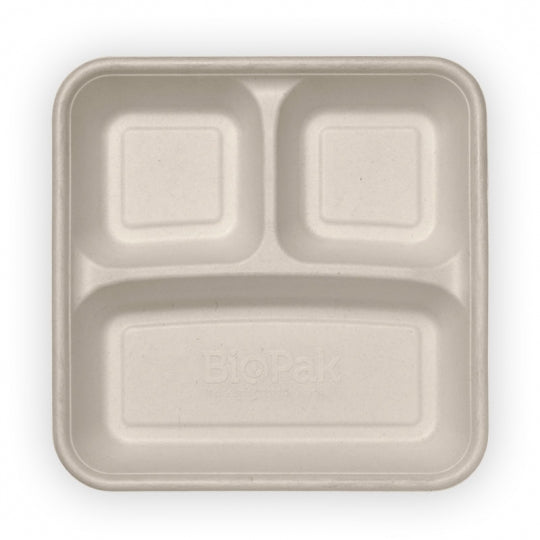 3 compartment take away container - 560-240-240ml, natural, box of 300 from BioPak. Compostable, made out of Sugarcane and sold in boxes of 1. Hospitality quality at wholesale price with The Flying Fork!