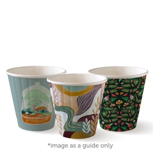 295ml (8oz) (90mm) cup (fits small lids) - art series from BioPak. Compostable, made out of Paper and Bioplastic and sold in boxes of 1. Hospitality quality at wholesale price with The Flying Fork!