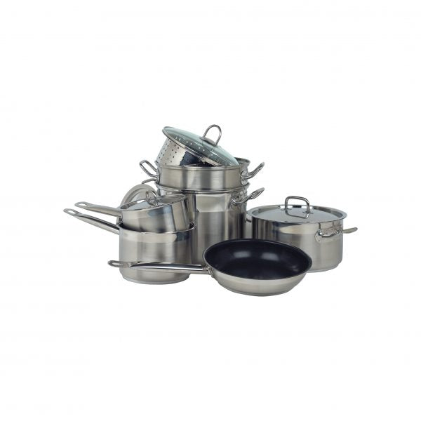Professional Cookware Set (7Pce) from Chef Inox. made out of Stainless Steel 18/10 and sold in boxes of 1. Hospitality quality at wholesale price with The Flying Fork!