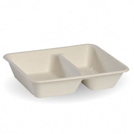 2 compartment take away container - 530-380ml, natural, box of 500 from BioPak. Compostable, made out of Sugarcane and sold in boxes of 1. Hospitality quality at wholesale price with The Flying Fork!