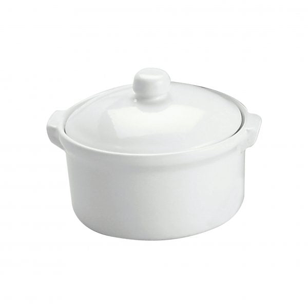 Round Casserole Dish w-Cover - 300mL, White from Vitroceram. made out of Porcelain and sold in boxes of 24. Hospitality quality at wholesale price with The Flying Fork!