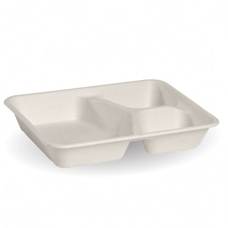 3 compartment take away container - 530-150-150ml, white, box of 500 from BioPak. Compostable, made out of Sugarcane and sold in boxes of 1. Hospitality quality at wholesale price with The Flying Fork!