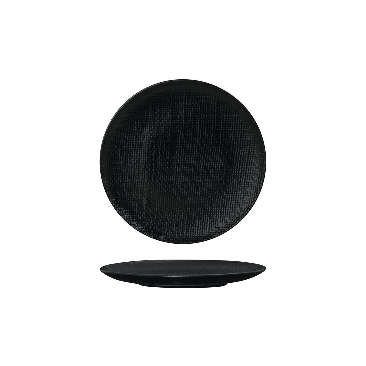 ROUND PLATE - FLAT, 180mm , MATT BLACK from Luzerne. Textured, made out of Ceramic and sold in boxes of 6. Hospitality quality at wholesale price with The Flying Fork!