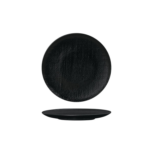 ROUND PLATE - FLAT, 180mm , MATT BLACK from Luzerne. Textured, made out of Ceramic and sold in boxes of 6. Hospitality quality at wholesale price with The Flying Fork!