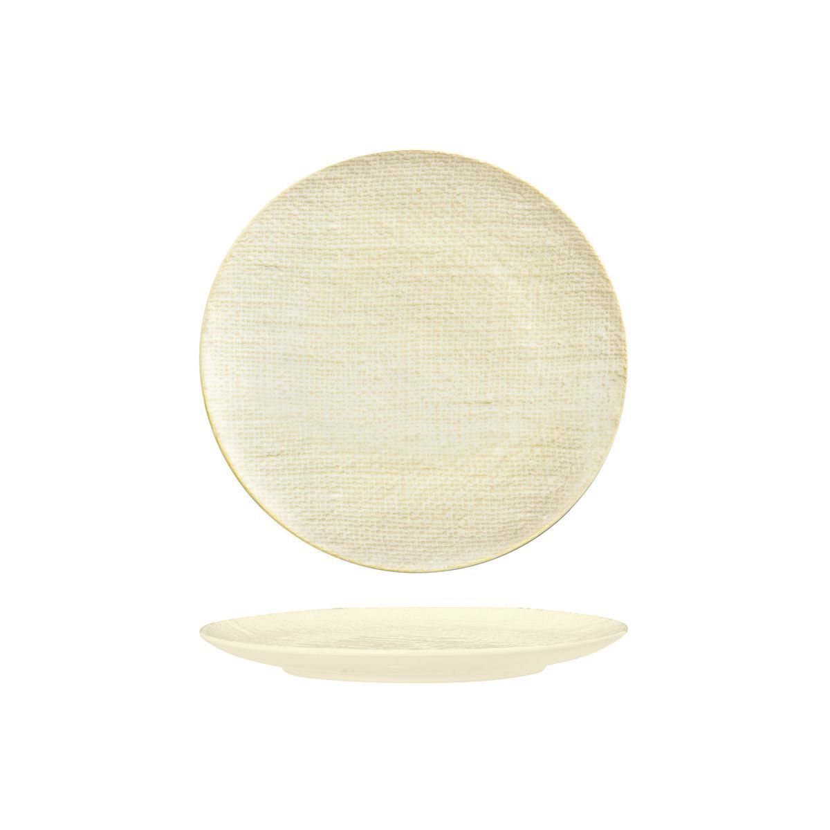 ROUND PLATE - FLAT, 210mm , REACTIVE WHITE from Luzerne. Textured, made out of Ceramic and sold in boxes of 6. Hospitality quality at wholesale price with The Flying Fork!