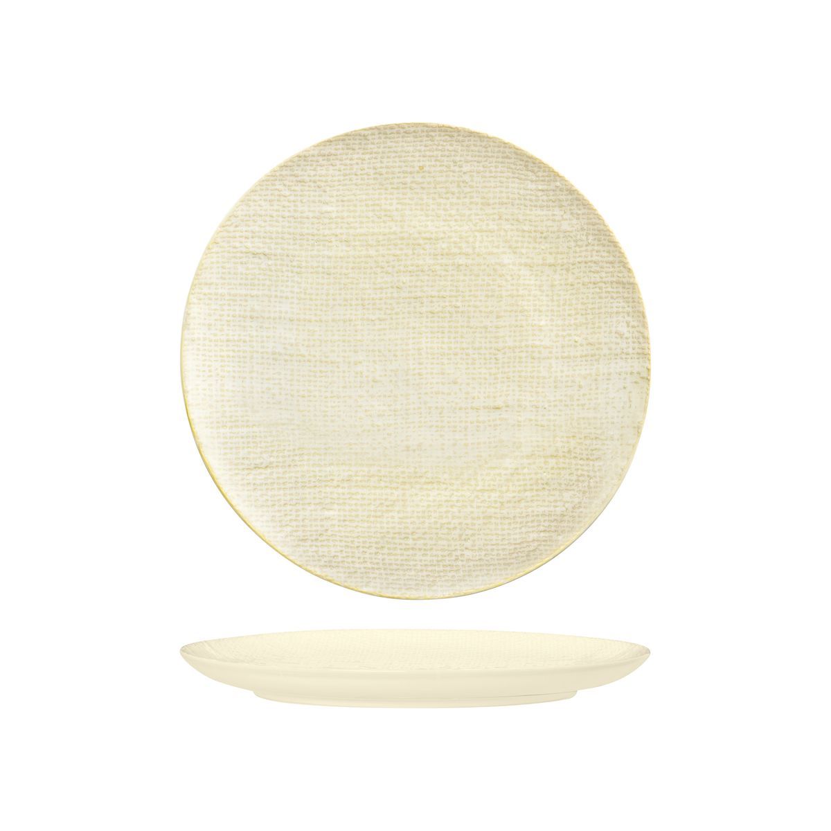 ROUND PLATE - FLAT, 260mm , REACTIVE WHITE from Luzerne. Textured, made out of Ceramic and sold in boxes of 4. Hospitality quality at wholesale price with The Flying Fork!