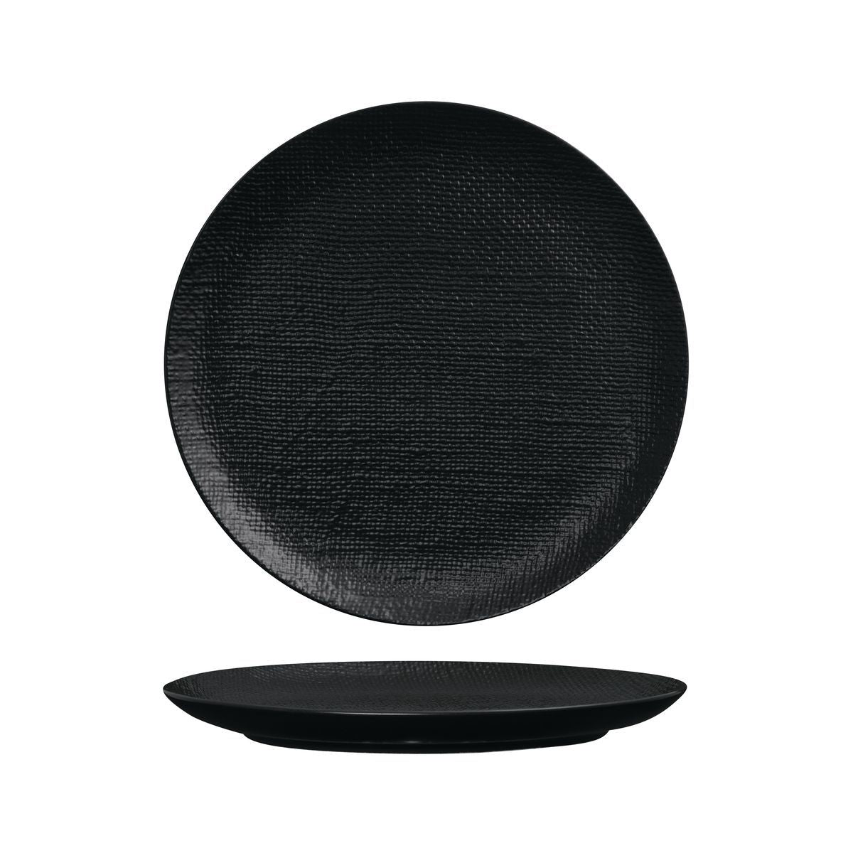 ROUND PLATE - FLAT, 285mm , MATT BLACK from Luzerne. made out of Ceramic and sold in boxes of 4. Hospitality quality at wholesale price with The Flying Fork!
