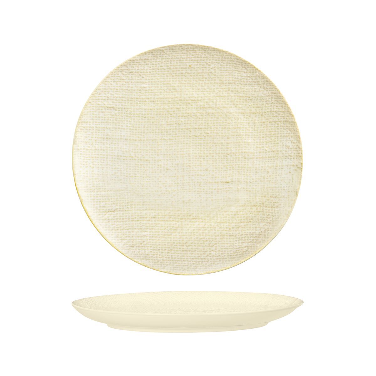 ROUND PLATE - FLAT, 285mm , REACTIVE WHITE from Luzerne. Textured, made out of Ceramic and sold in boxes of 4. Hospitality quality at wholesale price with The Flying Fork!