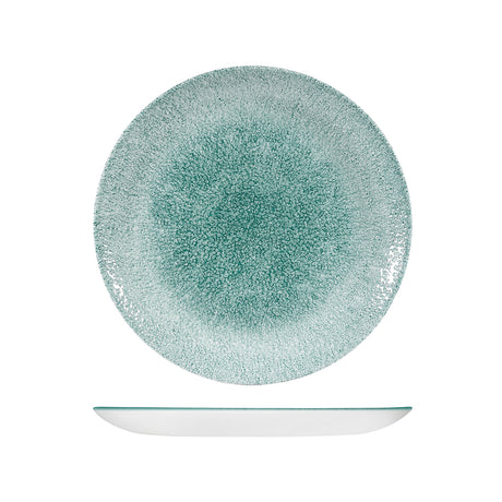 Round Plate - Coupe, 260mm, Raku, Jade Green from Churchill. Textured, made out of Porcelain and sold in boxes of 6. Hospitality quality at wholesale price with The Flying Fork!