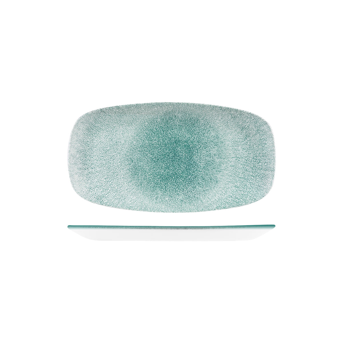 Oblong Plate - 355x189mm, Raku, Jade Green from Churchill. Textured, made out of Porcelain and sold in boxes of 6. Hospitality quality at wholesale price with The Flying Fork!