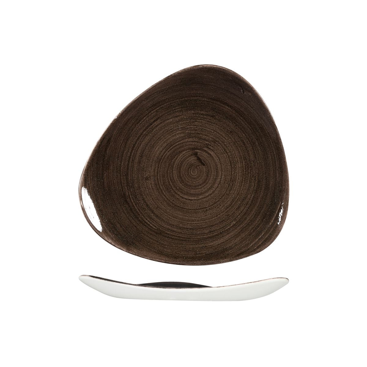 Triangular Plate - 229mm, Patina Iron Black from Churchill. Vitrified, made out of Porcelain and sold in boxes of 12. Hospitality quality at wholesale price with The Flying Fork!