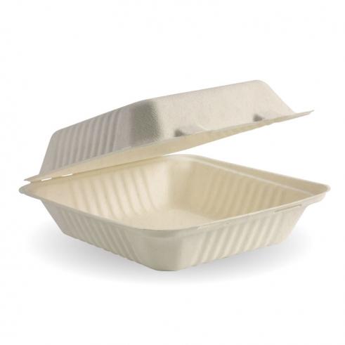 20x22x9cm (7.8x8x3") clamshell - natural from BioPak. Compostable, made out of Sugarcane Pulp and sold in boxes of 1. Hospitality quality at wholesale price with The Flying Fork!