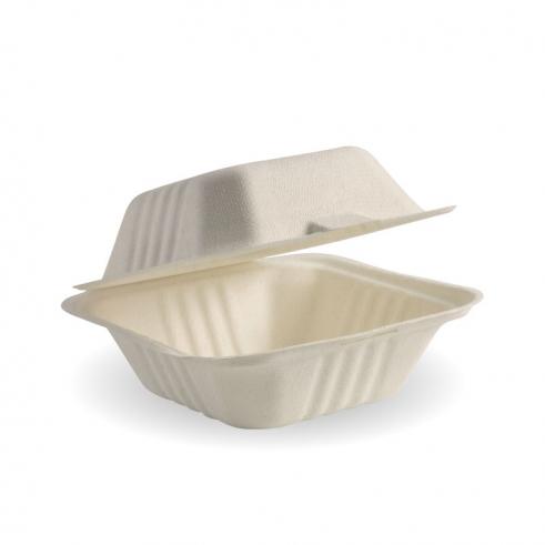 15x15x8cm natural clamshell - natural from BioPak. Compostable, made out of Sugarcane Pulp and sold in boxes of 1. Hospitality quality at wholesale price with The Flying Fork!