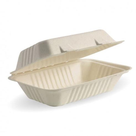 23x15x8cm (9x6x3") clamshell - natural from BioPak. Compostable, made out of Sugarcane Pulp and sold in boxes of 1. Hospitality quality at wholesale price with The Flying Fork!