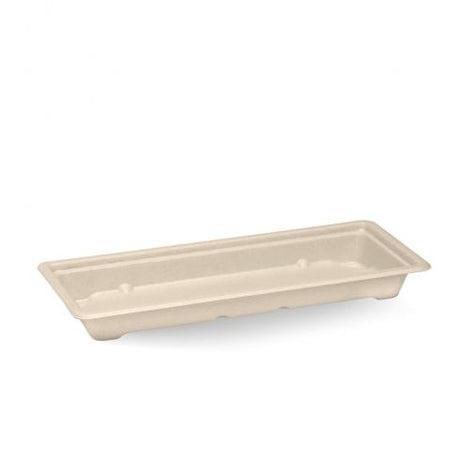 Long sushi tray - natural from BioPak. Compostable, made out of Paper and Bioplastic and sold in boxes of 1. Hospitality quality at wholesale price with The Flying Fork!