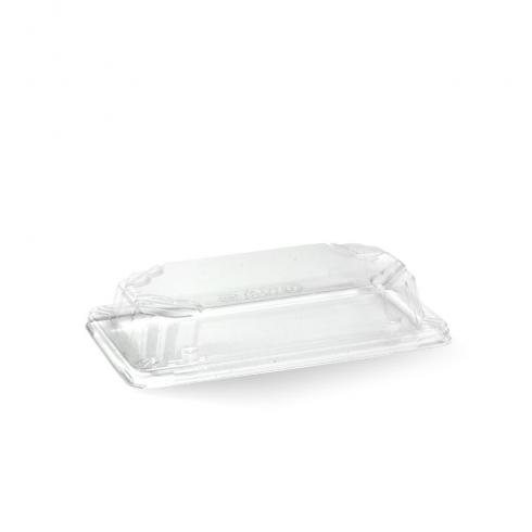 Small sushi tray PLA lid - clear from BioPak. Compostable, made out of Paper and Bioplastic and sold in boxes of 1. Hospitality quality at wholesale price with The Flying Fork!