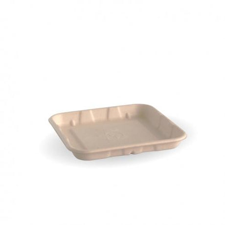 14x14x2cm (5x5") produce tray - natural from BioPak. Compostable, made out of Sugarcane Pulp and sold in boxes of 1. Hospitality quality at wholesale price with The Flying Fork!