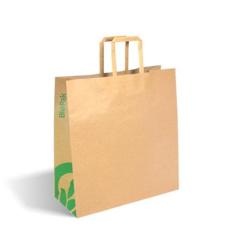 Medium flat handle paper bags - kraft from BioPak. Compostable, made out of FSC�� certified paper and sold in boxes of 1. Hospitality quality at wholesale price with The Flying Fork!