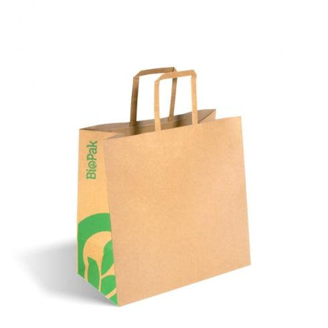 Small flat handle paper bags - kraft from BioPak. Compostable, made out of FSC�� certified paper and sold in boxes of 1. Hospitality quality at wholesale price with The Flying Fork!