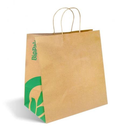 Jumbo twist handle paper bags - kraft from BioPak. Compostable, made out of FSC�� certified paper and sold in boxes of 1. Hospitality quality at wholesale price with The Flying Fork!
