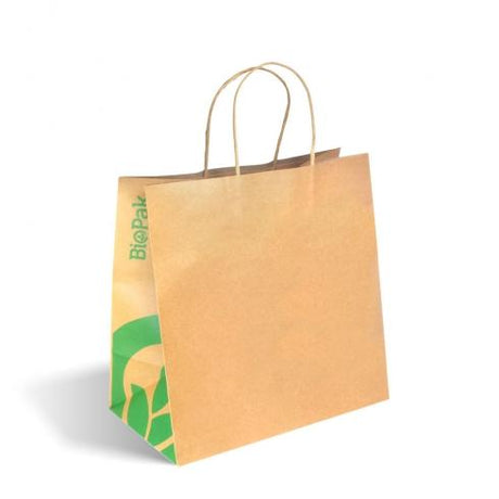 Large twist handle paper bags - kraft from BioPak. Compostable, made out of FSC�� certified paper and sold in boxes of 1. Hospitality quality at wholesale price with The Flying Fork!