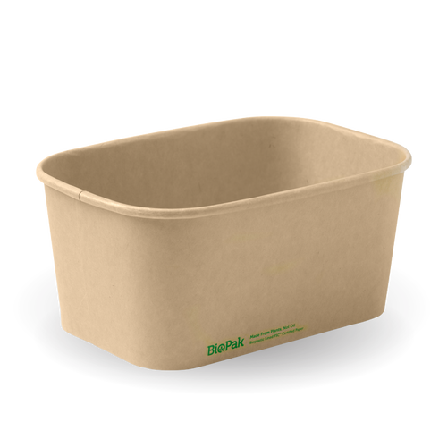 Rectangle Pla Lined Paper Container - 1000Ml, Natural from Biopak. Compostable and sold in boxes of 1. Hospitality quality at wholesale price with The Flying Fork!