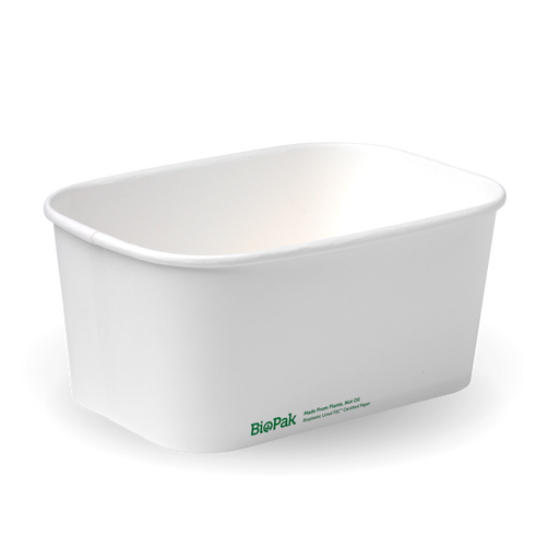 Rectangle Pla Lined Paper Container - 1000Ml, White from Biopak. Compostable and sold in boxes of 1. Hospitality quality at wholesale price with The Flying Fork!