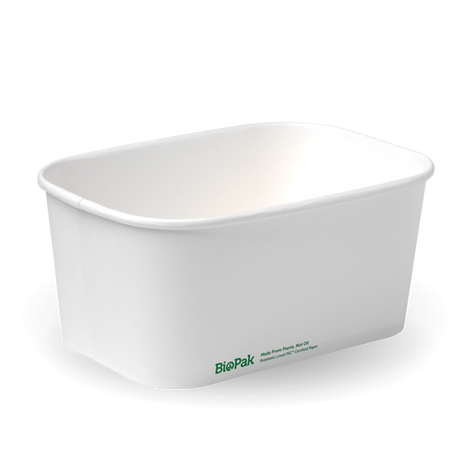 Rectangle Pla Lined Paper Container - 1000Ml, White from Biopak. Compostable and sold in boxes of 1. Hospitality quality at wholesale price with The Flying Fork!