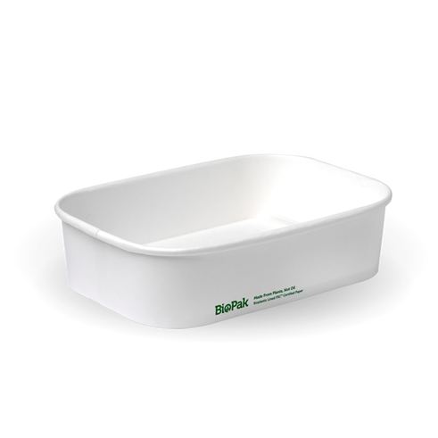 Rectangle Pla Lined Paper Container - 500Ml, White from Biopak. Compostable and sold in boxes of 1. Hospitality quality at wholesale price with The Flying Fork!