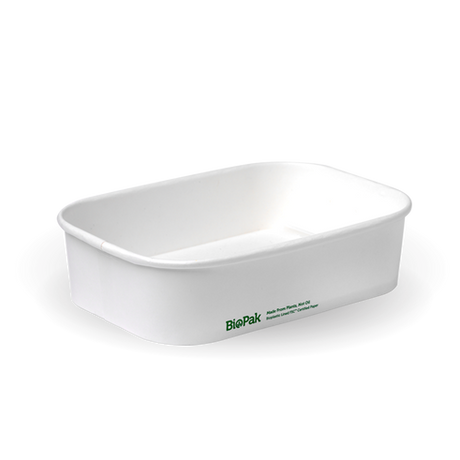 Rectangle Pla Lined Paper Container - 500Ml, White from Biopak. Compostable and sold in boxes of 1. Hospitality quality at wholesale price with The Flying Fork!