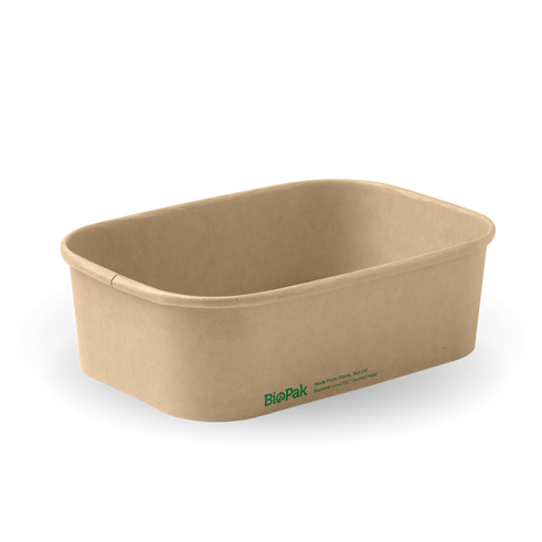 Rectangle Pla Lined Paper Container - 650Ml, Natural from Biopak. Compostable and sold in boxes of 1. Hospitality quality at wholesale price with The Flying Fork!
