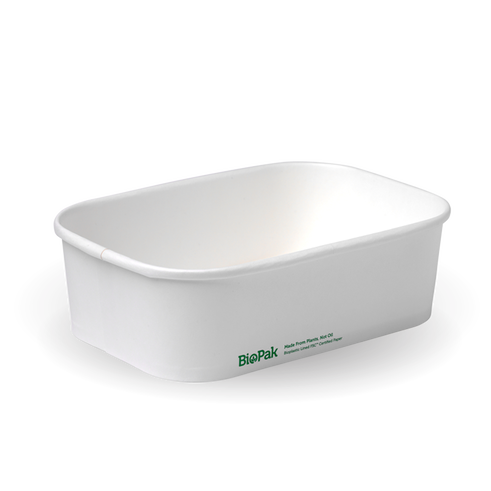 Rectangle Pla Lined Paper Container - 650Ml, White from Biopak. Compostable and sold in boxes of 1. Hospitality quality at wholesale price with The Flying Fork!