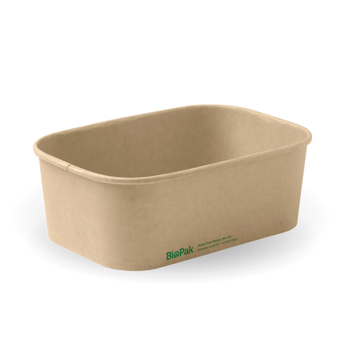 Rectangle Pla Lined Paper Container - 750Ml, Natural from Biopak. Compostable and sold in boxes of 1. Hospitality quality at wholesale price with The Flying Fork!
