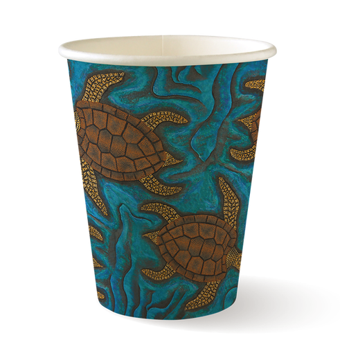 390ml (12oz) cup (fits large lids) - indigenous series from BioPak. Compostable, made out of Paper and Bioplastic and sold in boxes of 1. Hospitality quality at wholesale price with The Flying Fork!