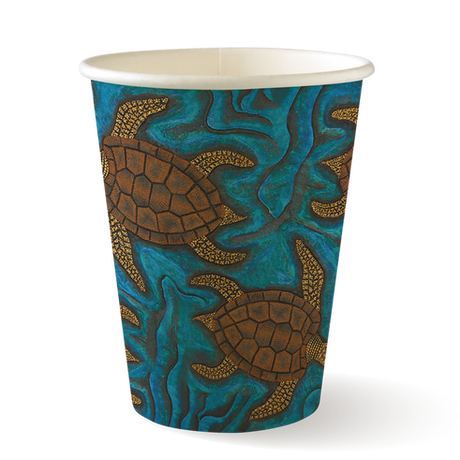 390ml (12oz) cup (fits large lids) - indigenous series from BioPak. Compostable, made out of Paper and Bioplastic and sold in boxes of 1. Hospitality quality at wholesale price with The Flying Fork!